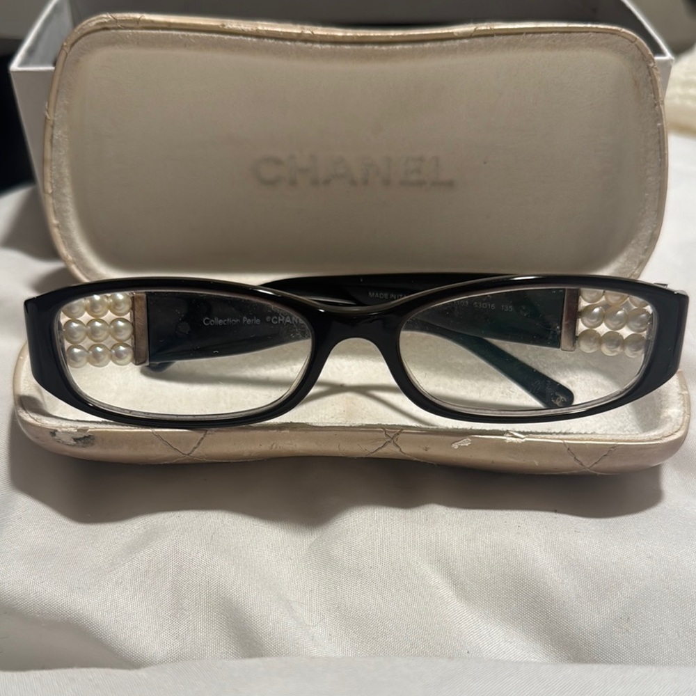 CHANEL Black Glasses with Pearl Embellished Details